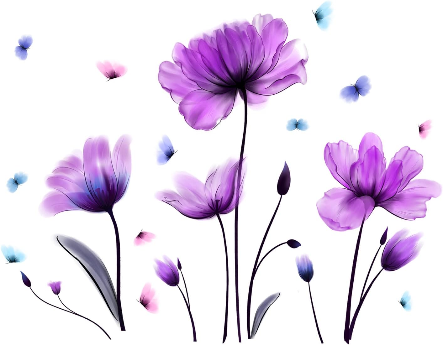 Purple Floral Wall Sticker Removable Butterfly Wall Decal for Nursery Bedroom Kids Room