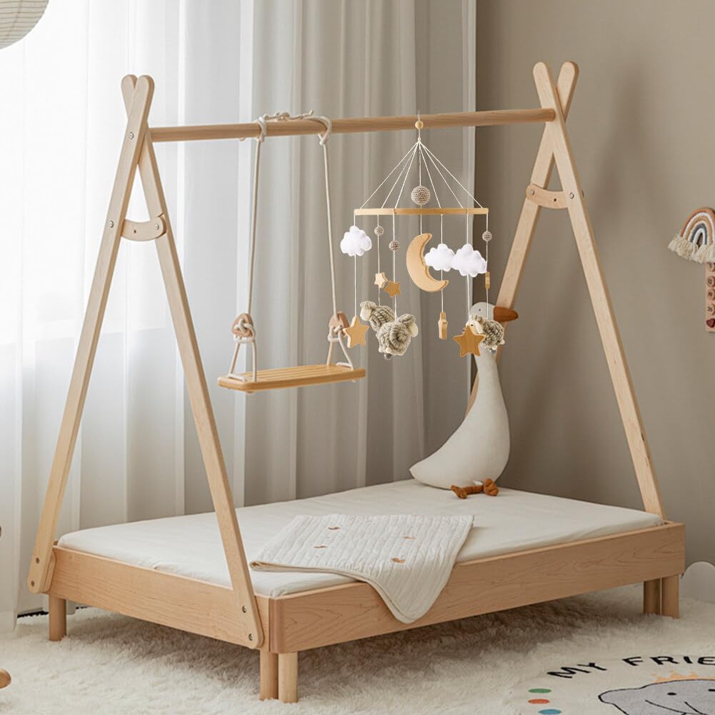 Baby Crib Mobile with Wooden Wind Chime Boho Decor Stars Clouds Moon