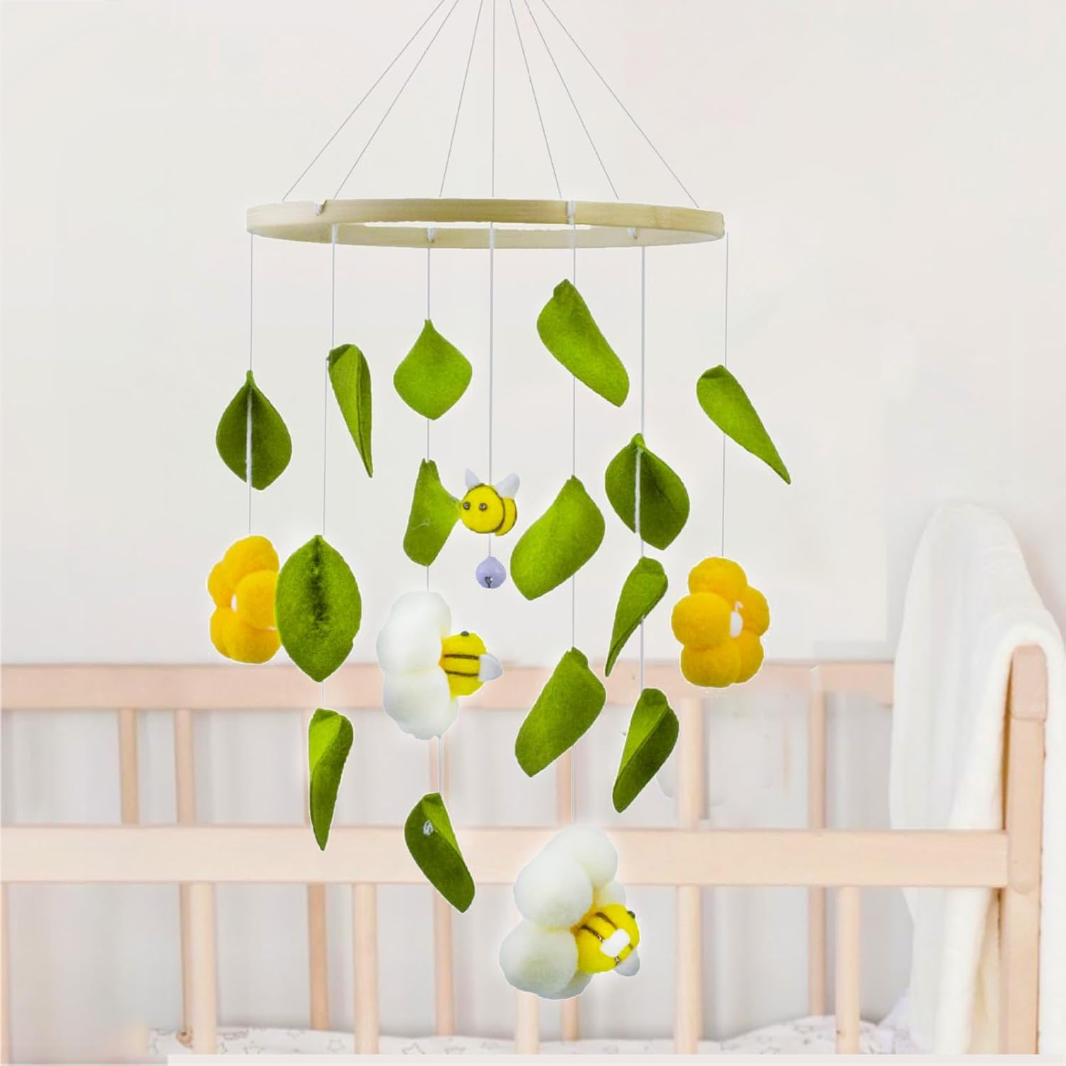 Baby Crib Mobile with Bees and Green Leaves