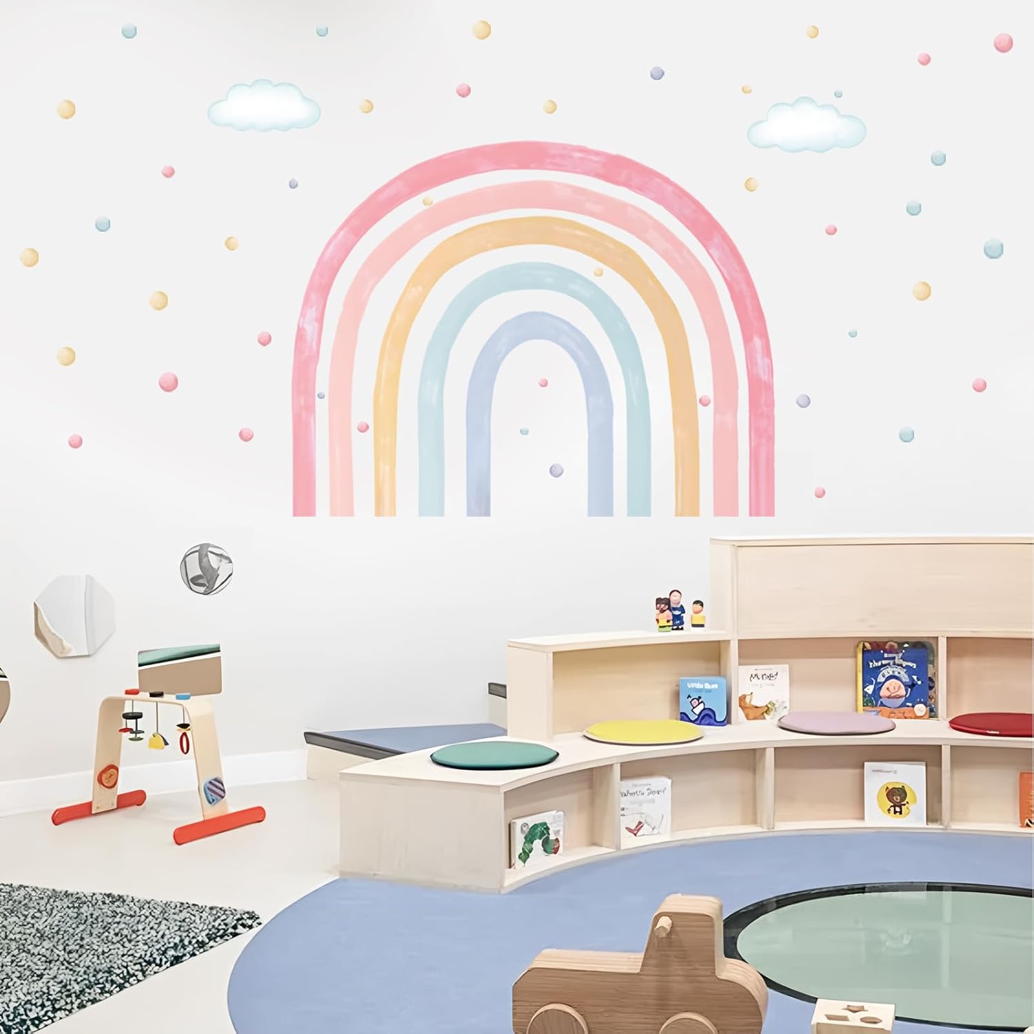 Large Watercolor Rainbow Wall Decals with Clouds and Polka Dots for Kids Room Decor