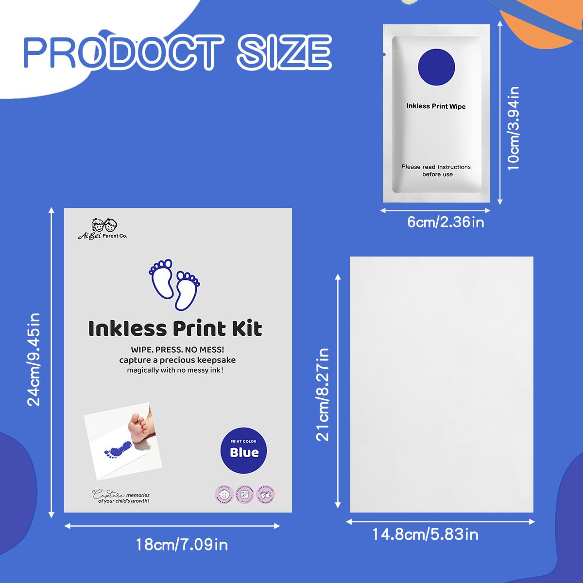 2 PCS Inkless Baby Handprint Footprint Kit with Wiping Pad Blue
