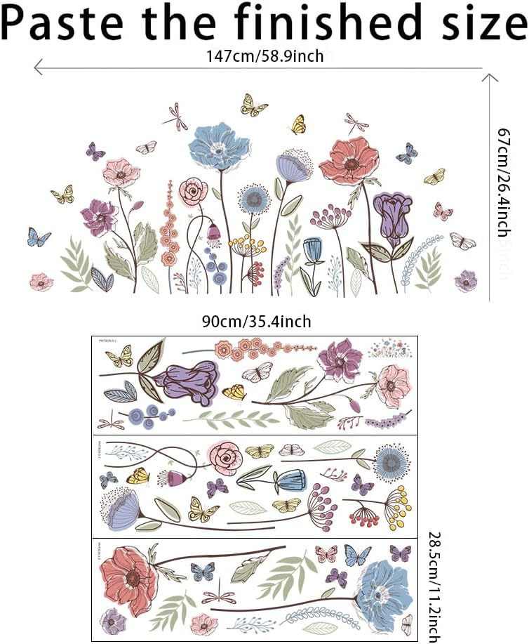 Prabahdak Flower Wall Decals Vintage Floral Butterfly Dragonfly Sticker Peel and Stick Decor