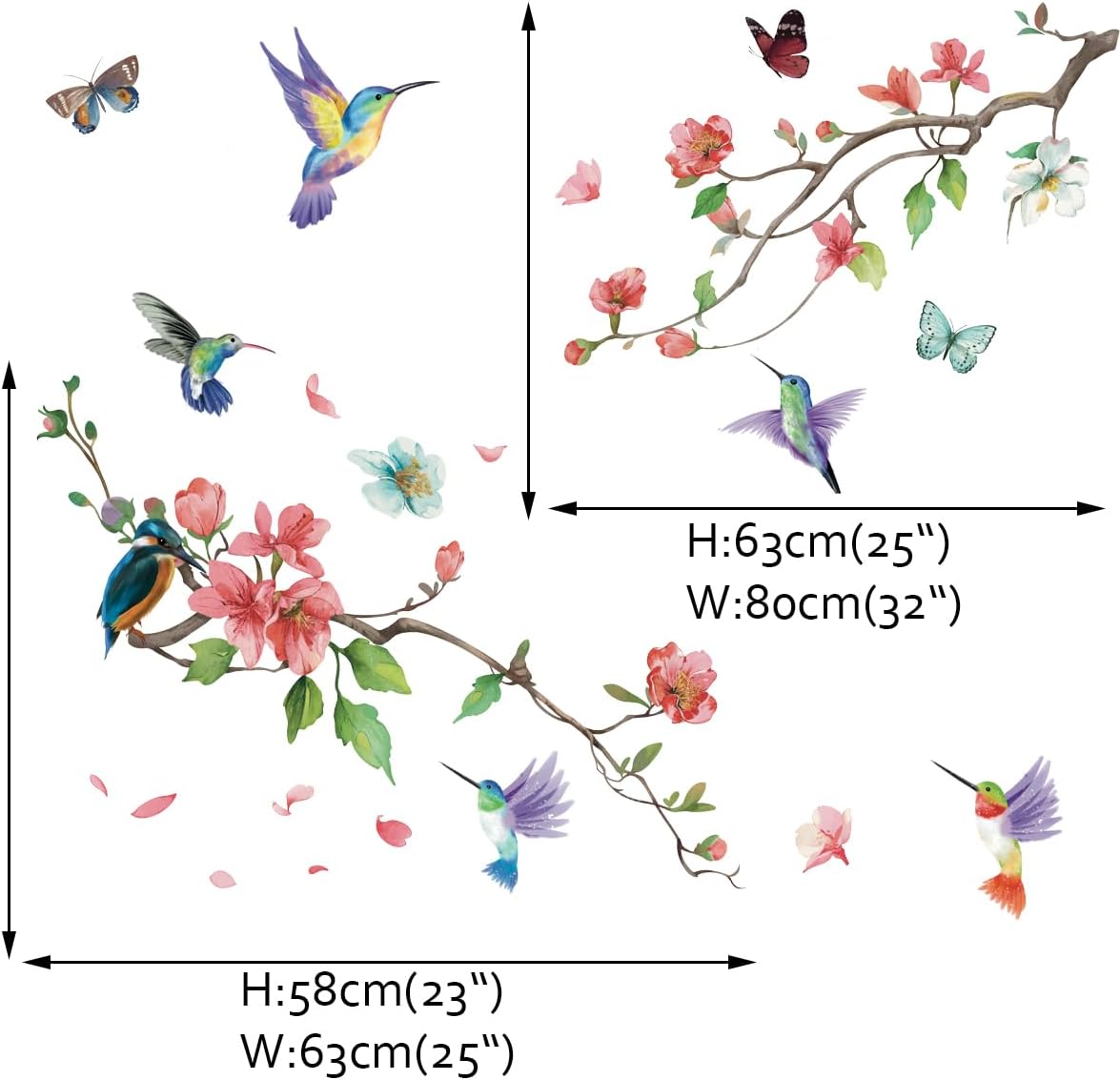 Runtoo Hummingbird Pink Floral Wall Decal Sticker