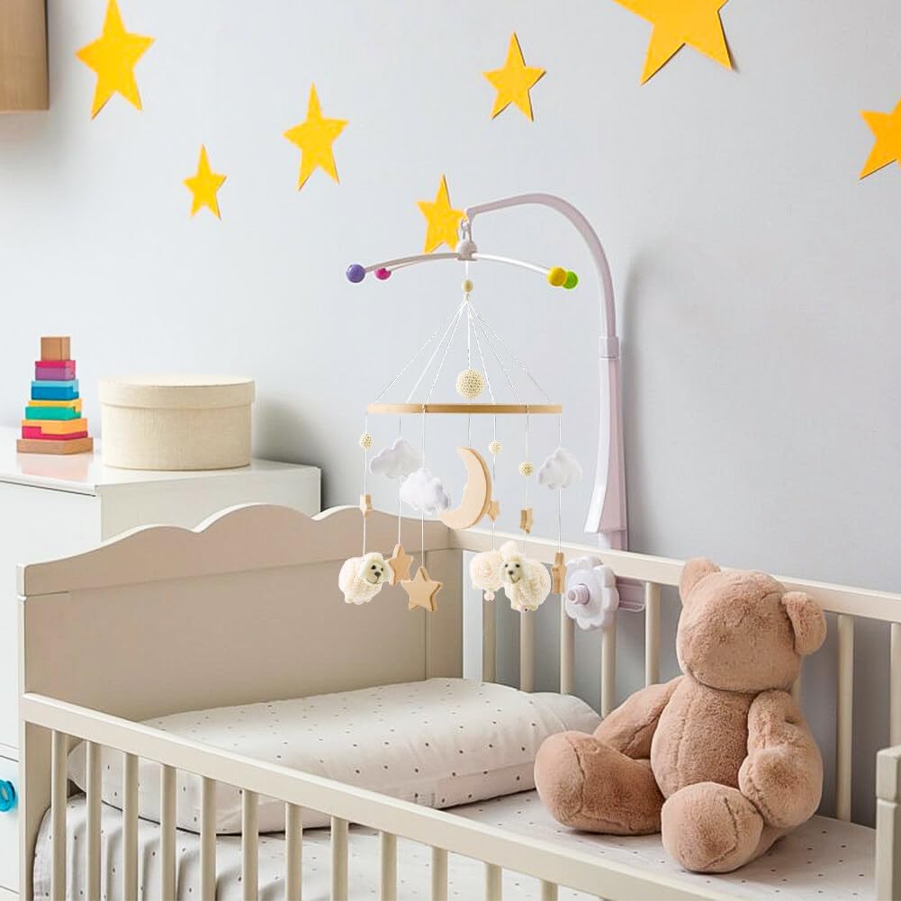 Baby Crib Mobile with Wooden Wind Chime Boho Decor Stars Clouds Moon