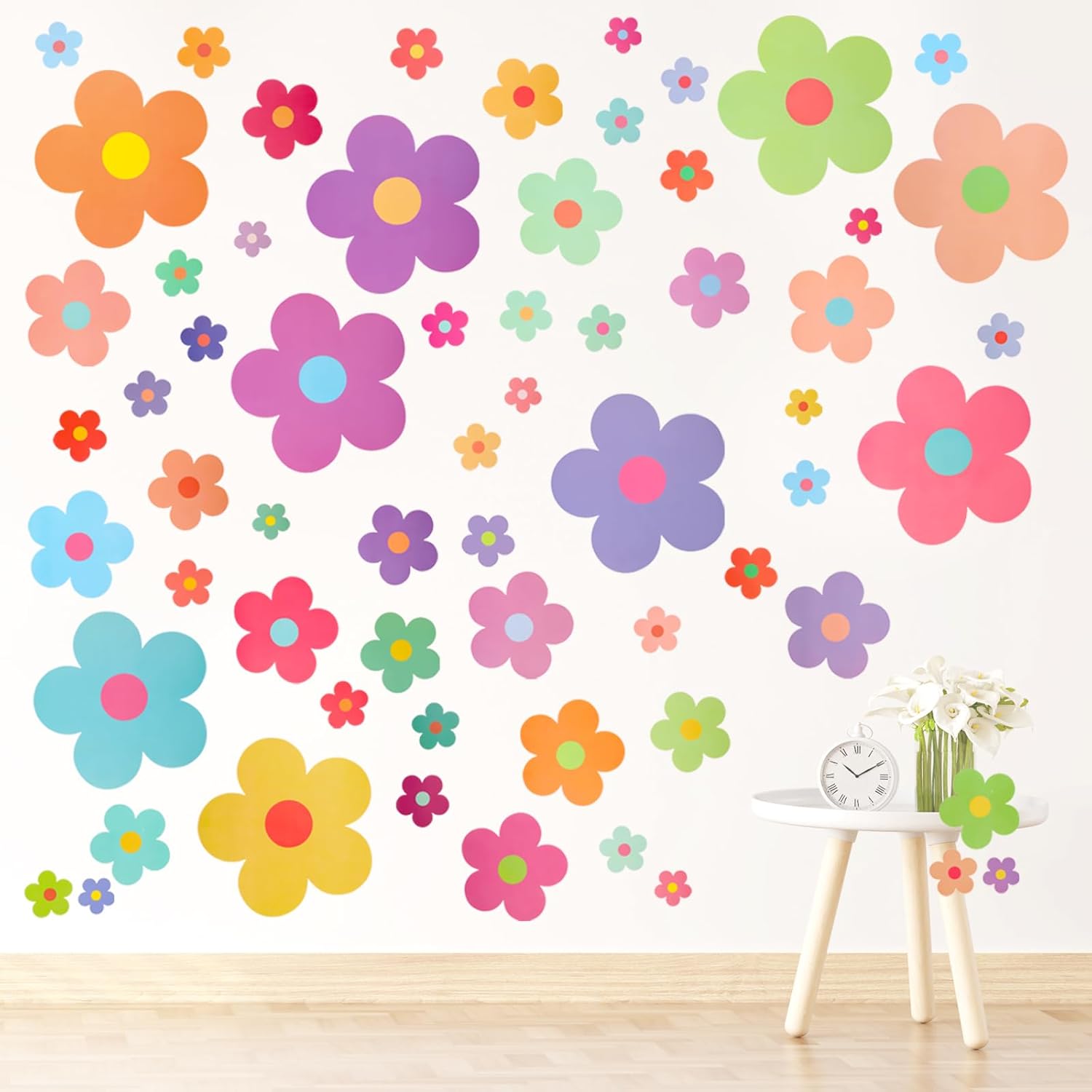 COMNICO 63pcs Colorful Y2K Floral Wall Stickers for Kids Bedroom Decor