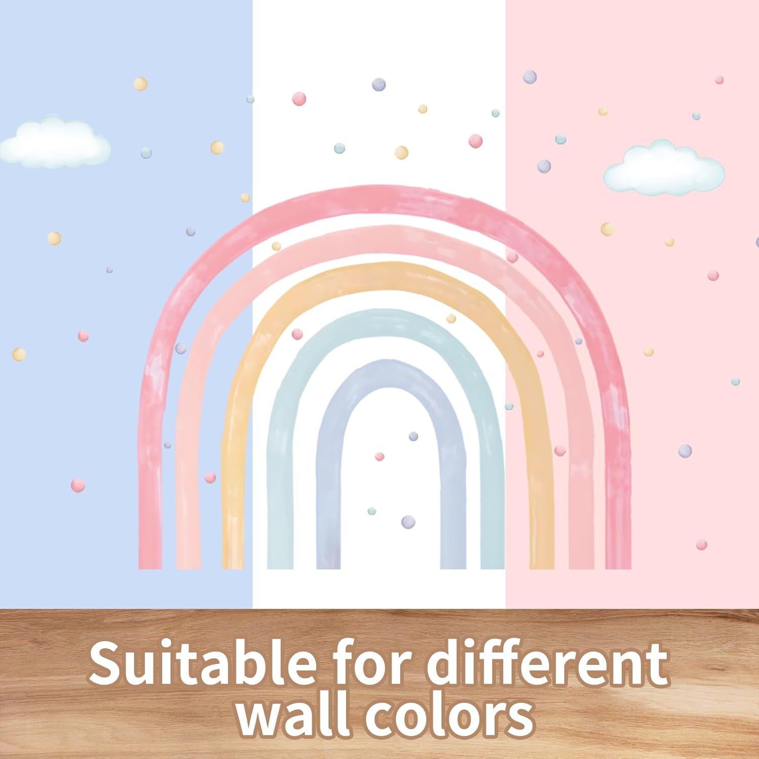 Large Watercolor Rainbow Wall Decals with Clouds and Polka Dots for Kids Room Decor