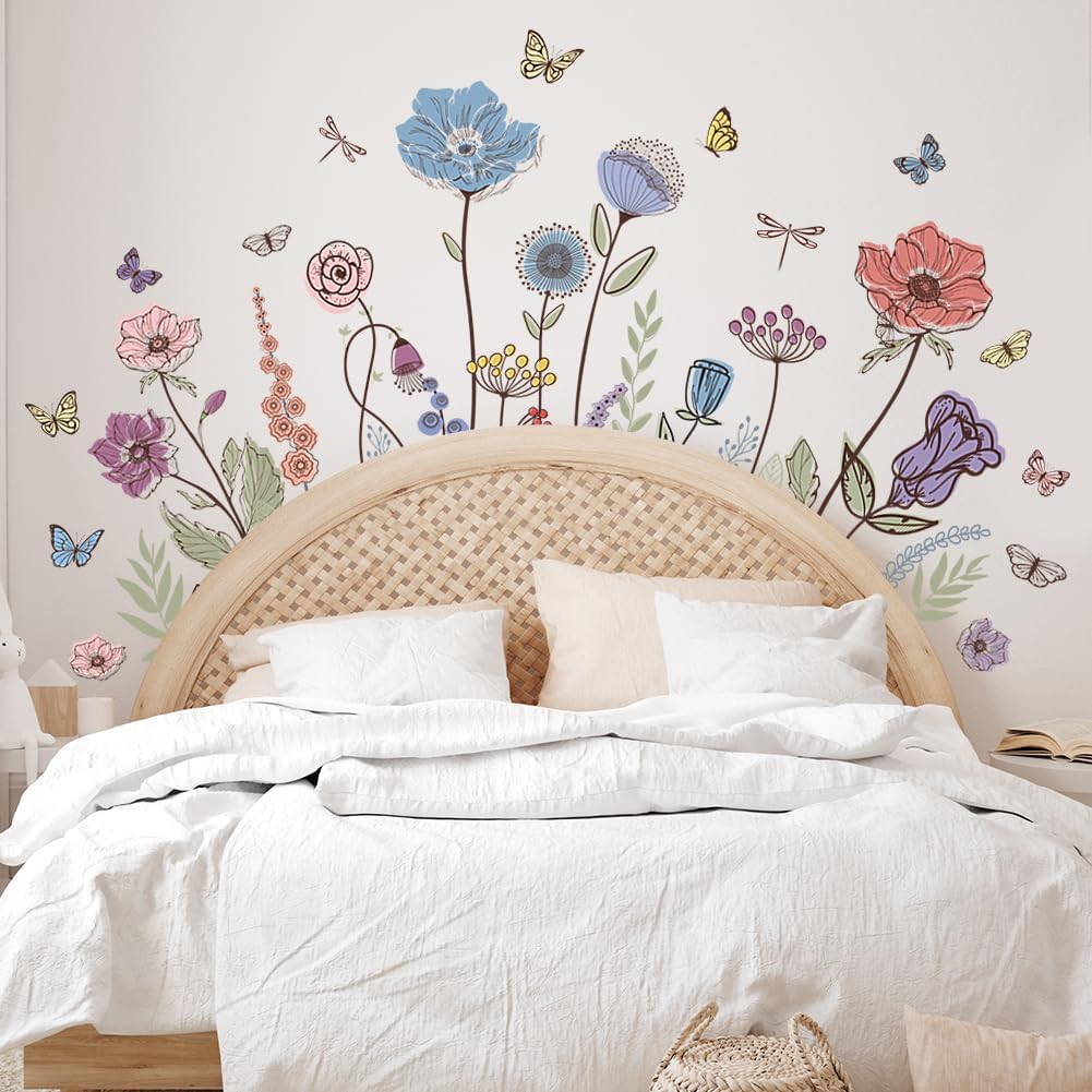 Prabahdak Flower Wall Decals Vintage Floral Butterfly Dragonfly Sticker Peel and Stick Decor