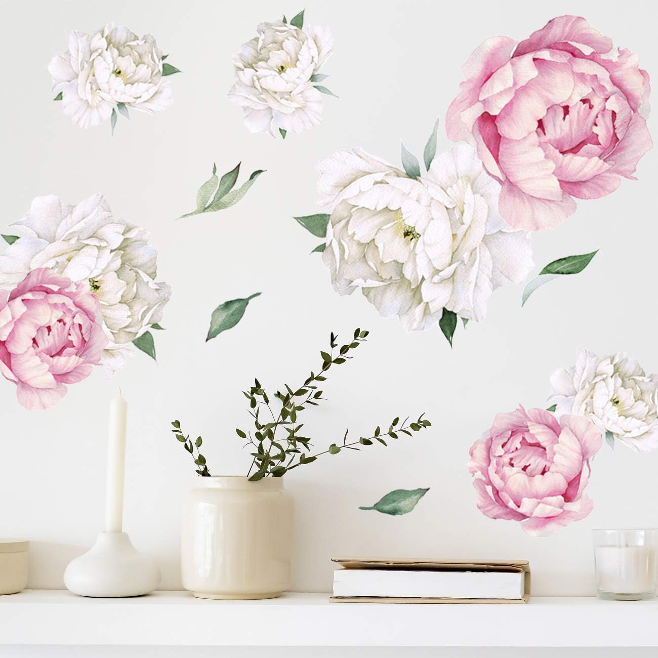 Peony Watercolor Wall Decals Pink and White Spring Decor