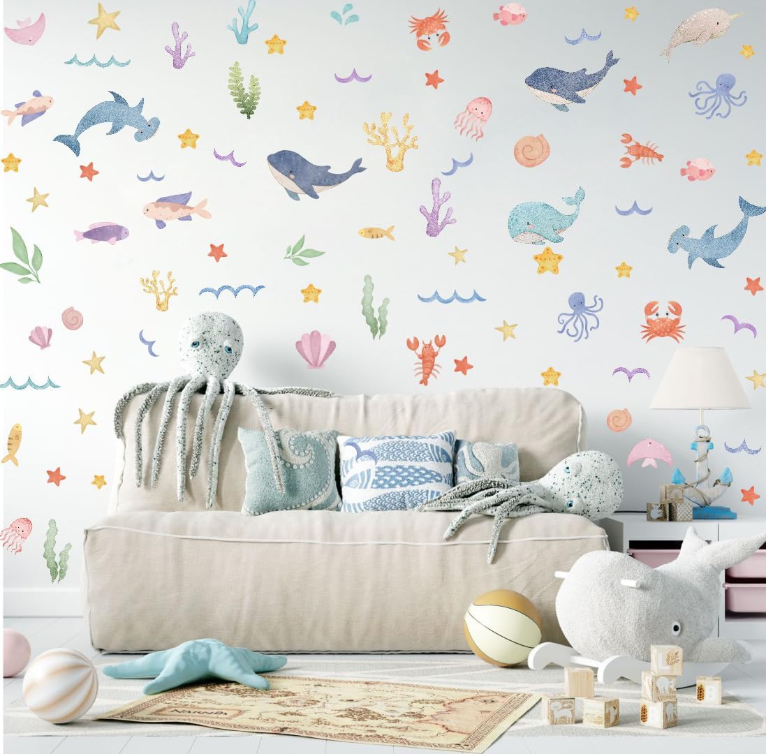 Watercolor Ocean Wall Decals for Kids Room Decor
