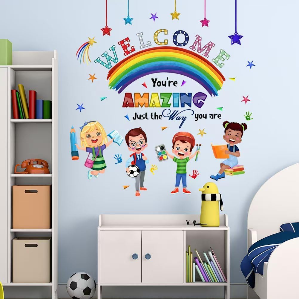 Kids Inspirational Quotes Wall Decal Reading Corner Rainbow Stickers for Classroom and Playroom