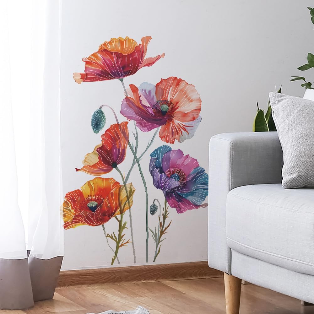 Runtoo Poppy Flowers Wall Art Decals Boho Watercolor Floral Wall Stickers for Home Decor