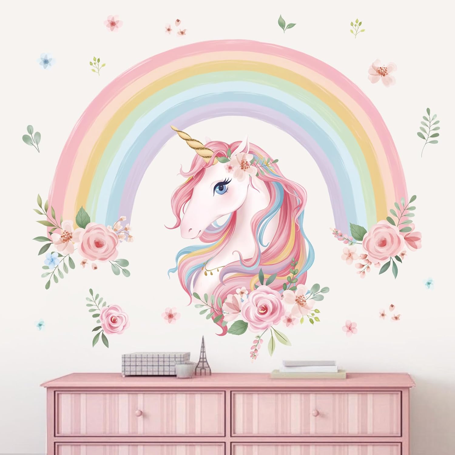Wondever Large Rainbow Unicorn Wall Art Stickers for Kids Bedroom and Baby Nursery