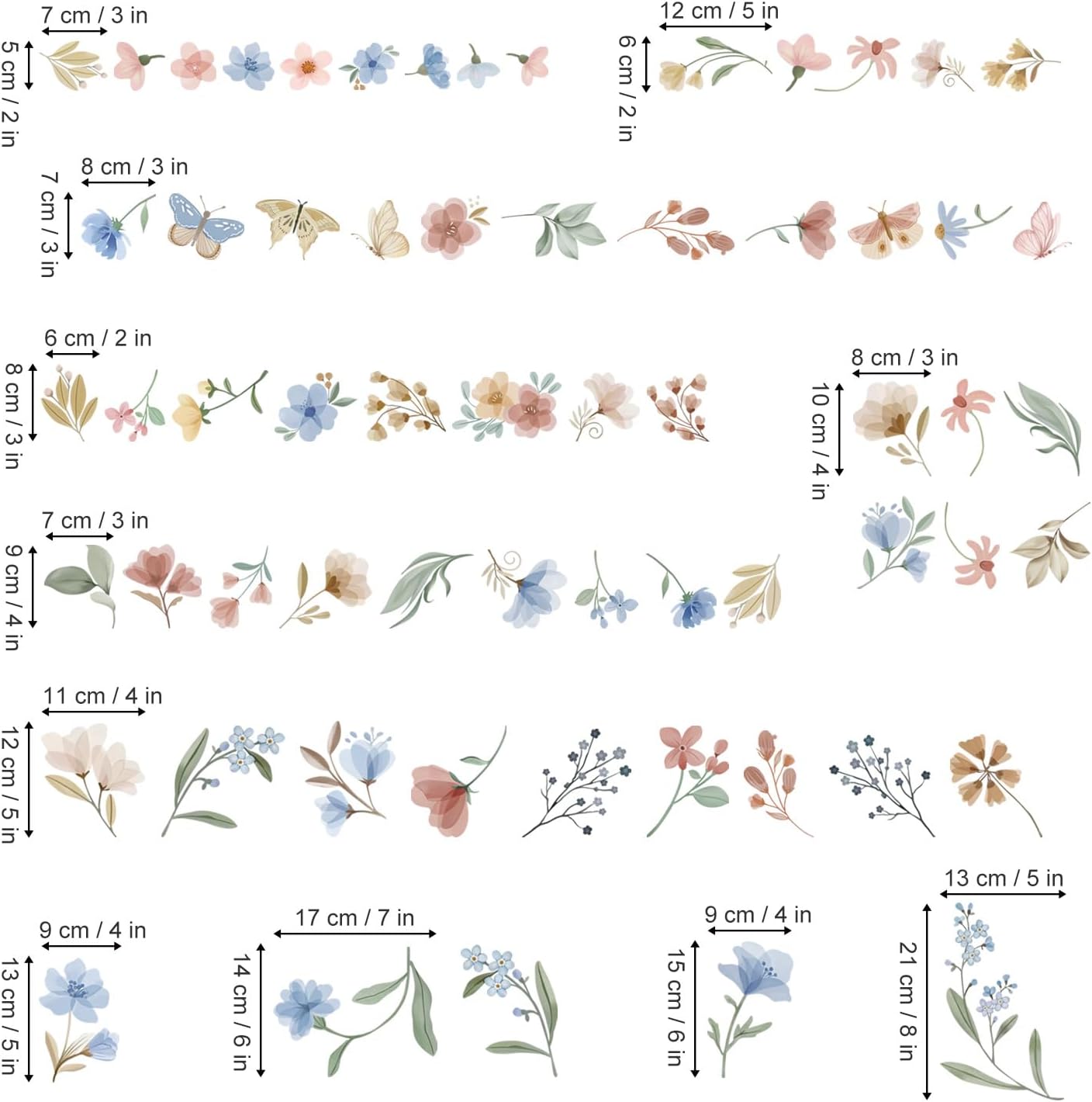 Wondever Boho Blue Floral Wall Decals Peel and Stick for Baby Room