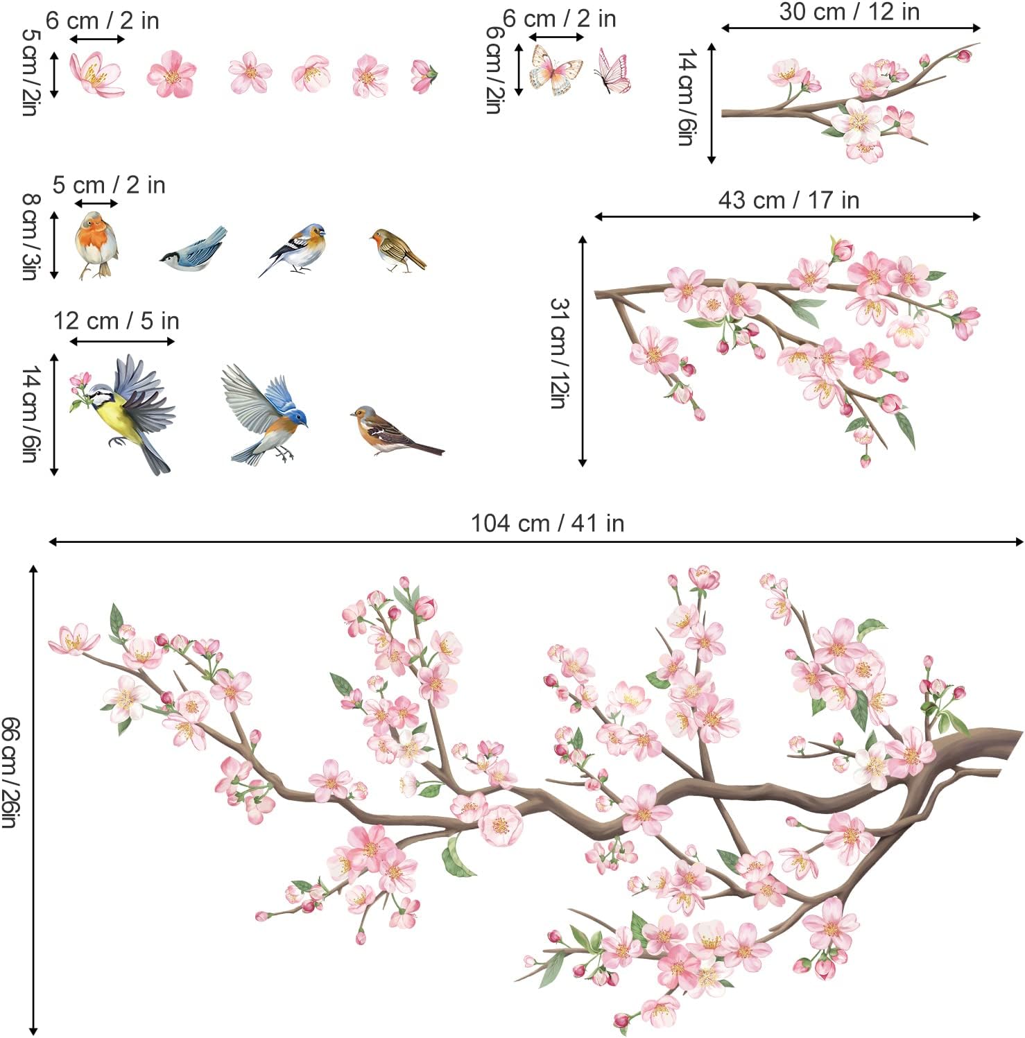 Decalmile Pink Blossom Floral Birds Wall Decals for Kids Bedroom Living Room Window Decor