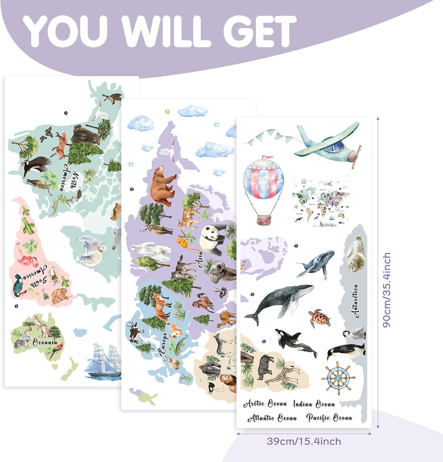 iinuu Animal World Map Wall Decals for Kids