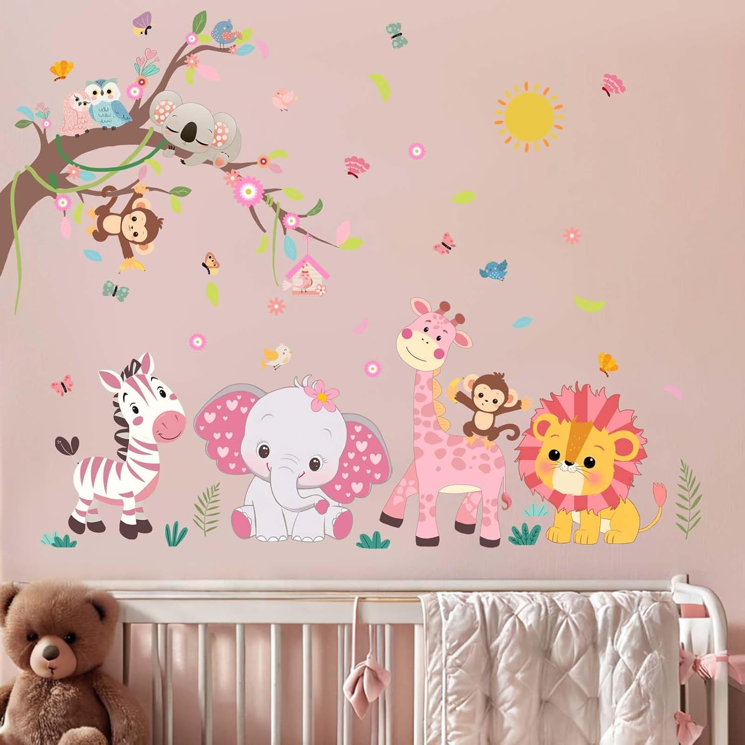 Pink Forest Baby Animals Wall Decals - Elephant Lion Giraffe Monkey Zebra Stickers