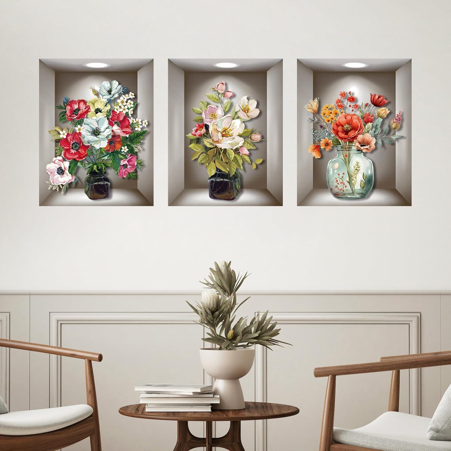 Supzone 3D Vase Wall Stickers - 3 Pcs Vintage Flower Decor