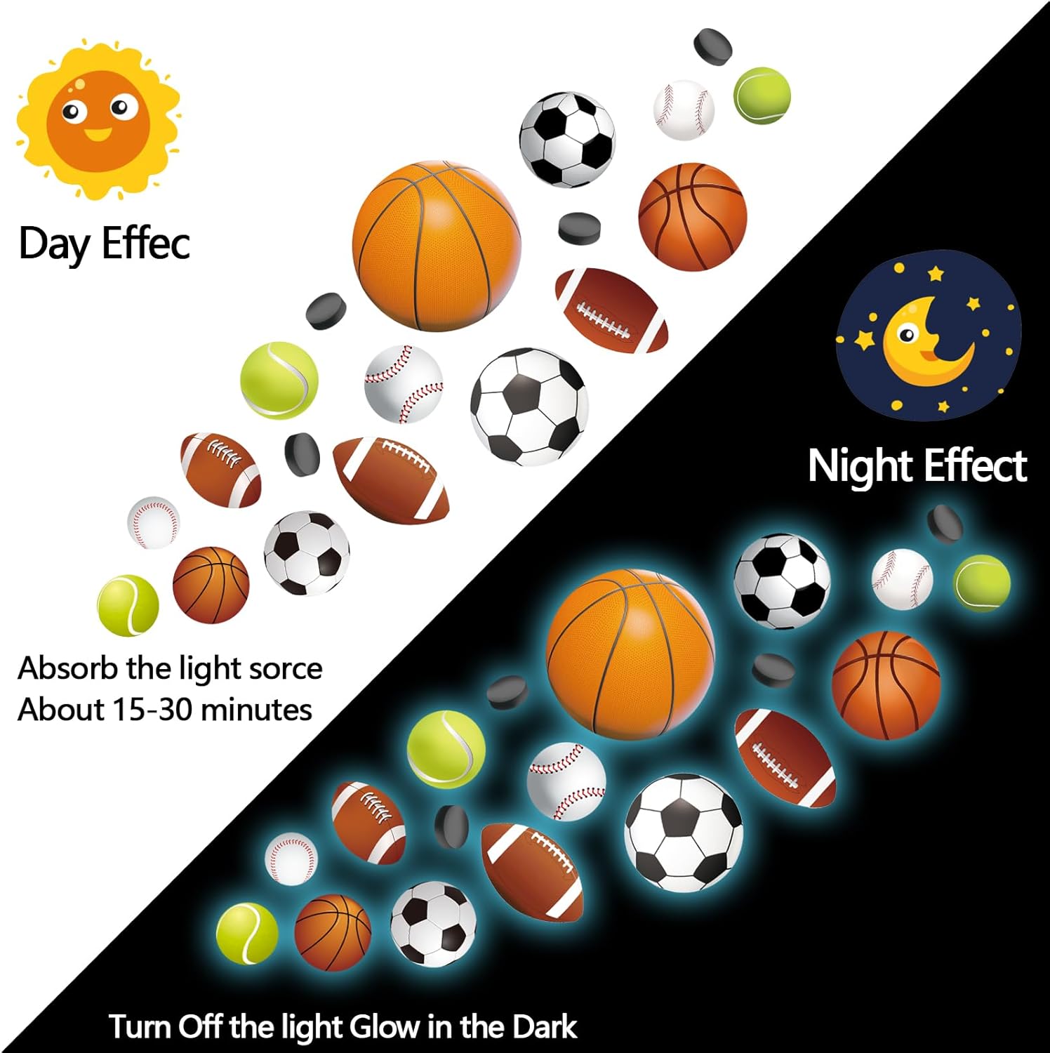Glow in The Dark Sports Wall Decals for Kids Room
