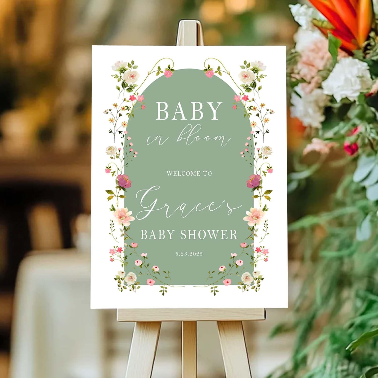 Personalized Green Arch Baby Shower Welcome Sign - Elegant Girl Entrance Decor