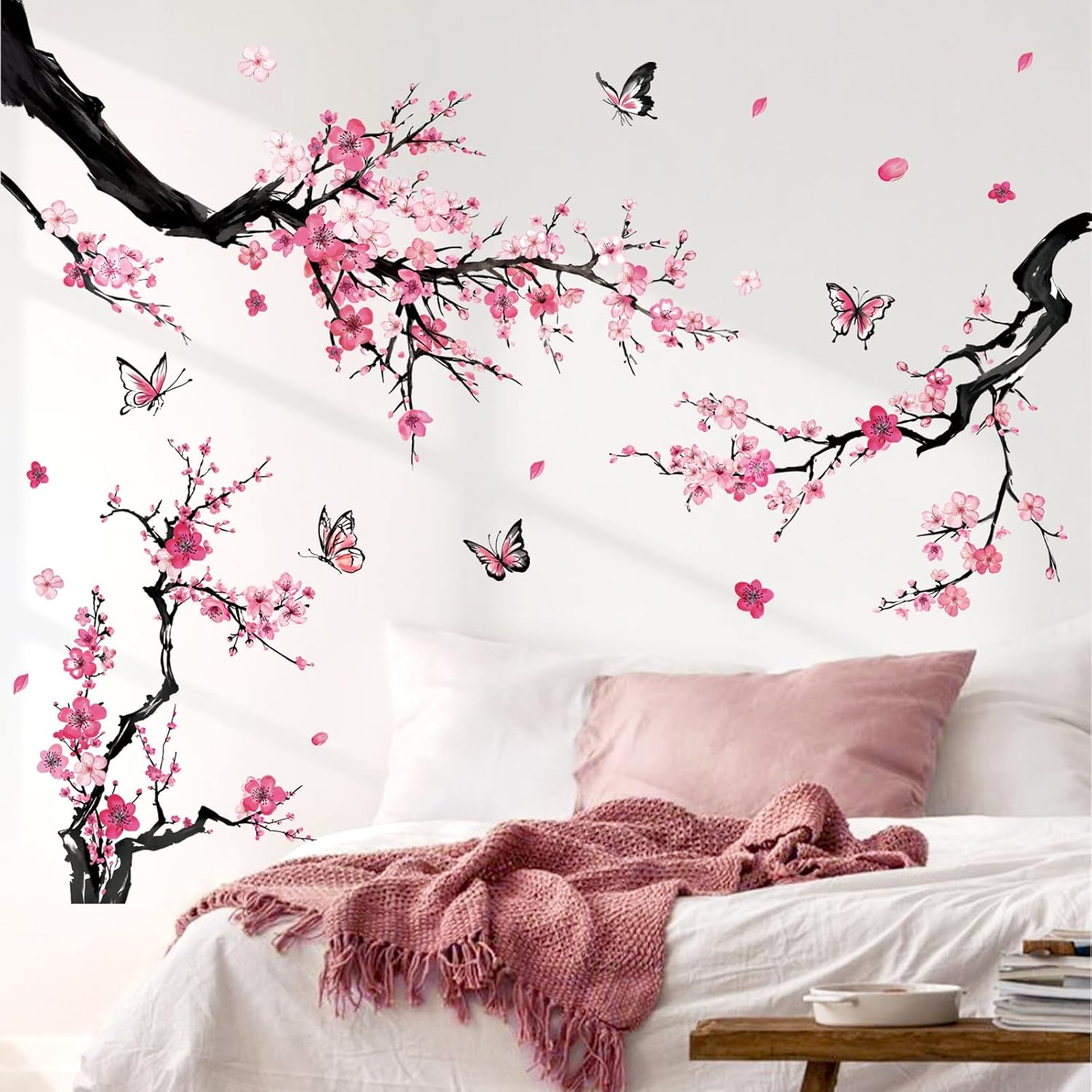 Pink Butterflies and Botanical Plum Blossom Wall Stickers