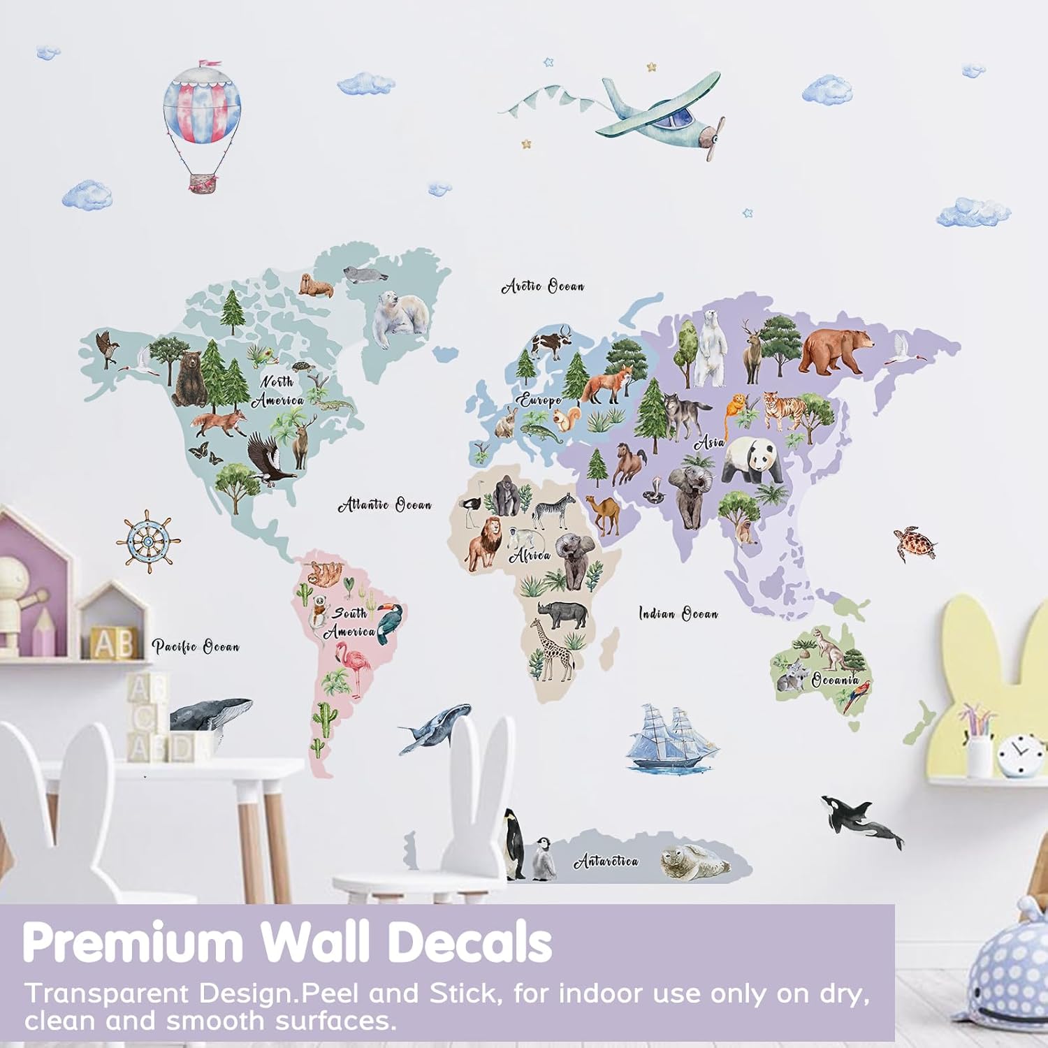 iinuu Animal World Map Wall Decals for Kids