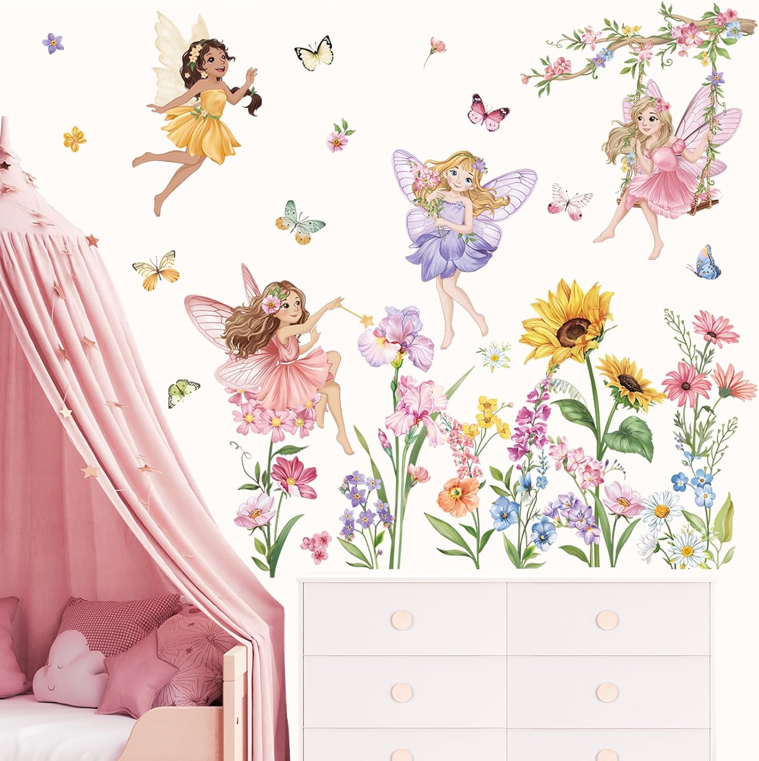 Wondever Fairy Flower Wall Stickers for Girls Bedroom Kids Room Baby Nursery
