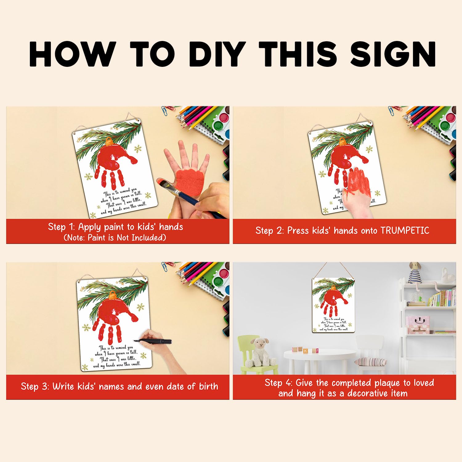 Red Christmas Handprint Hanging Sign 2024 DIY Baby Keepsake Craft