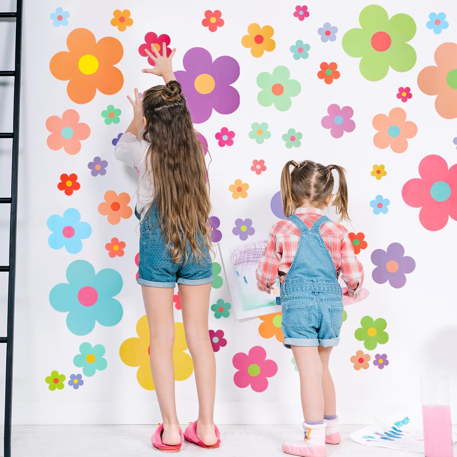 COMNICO 63pcs Colorful Y2K Floral Wall Stickers for Kids Bedroom Decor