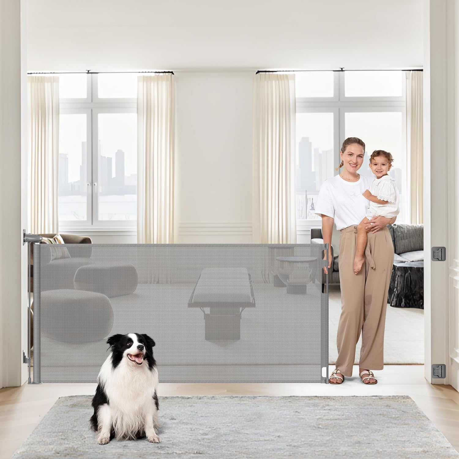 75 Inch Wide Retractable Baby Gate No Drilling Gray