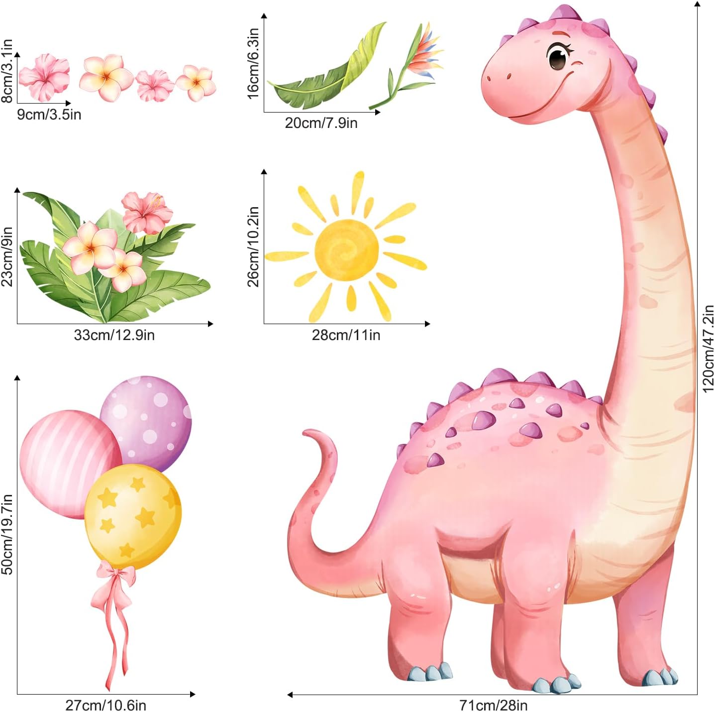 Supzone Pink Dinosaur Wall Decals for Kids Room Decor