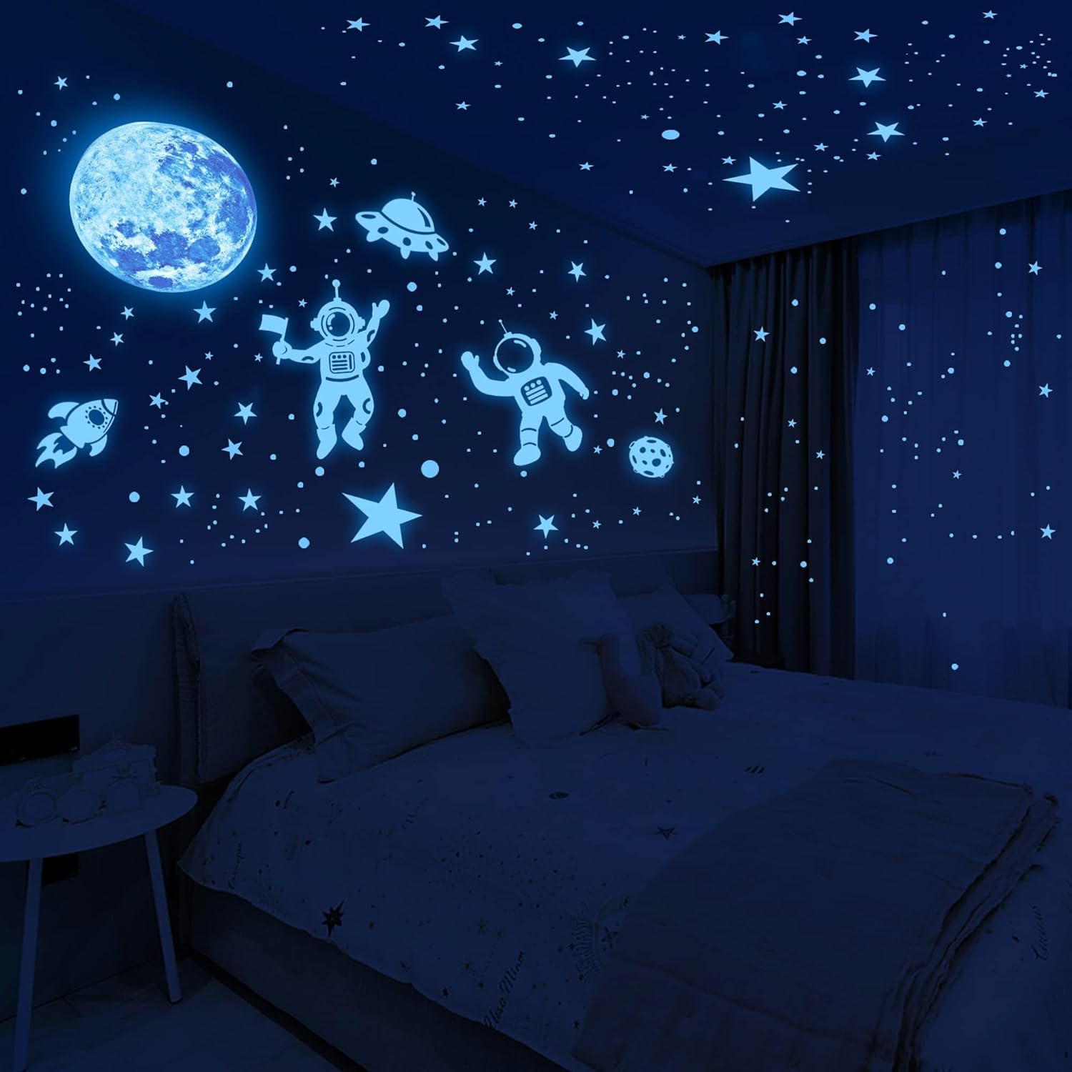 Glow in The Dark Stars Ceiling Moon Planet Wall Sticker for Kids Bedroom Blue