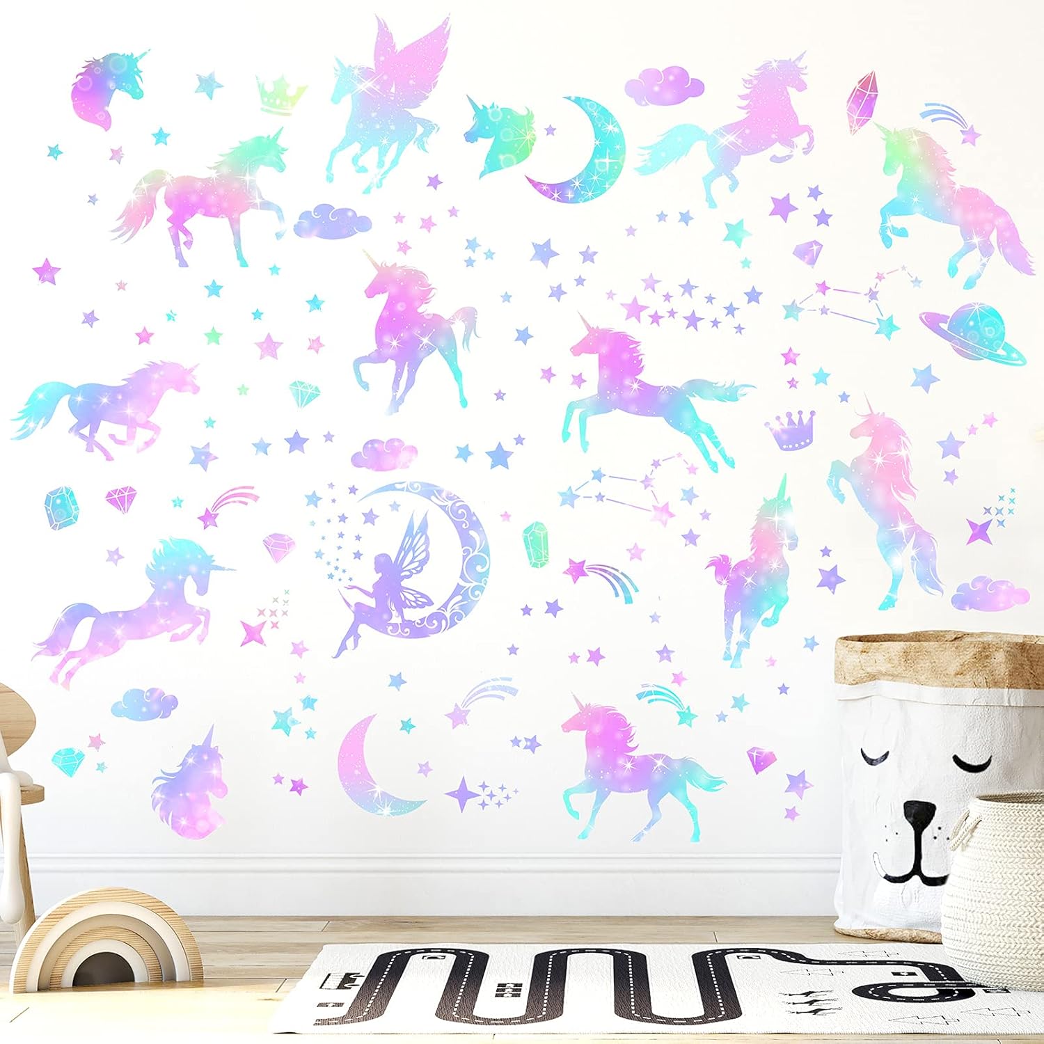 4 Sheets Unicorn Peel and Stick Wall Decal for Bedroom Playroom Living Room Decor