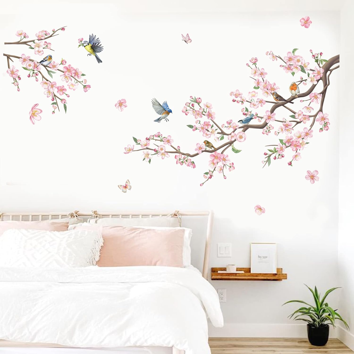 Decalmile Pink Blossom Floral Birds Wall Decals for Kids Bedroom Living Room Window Decor