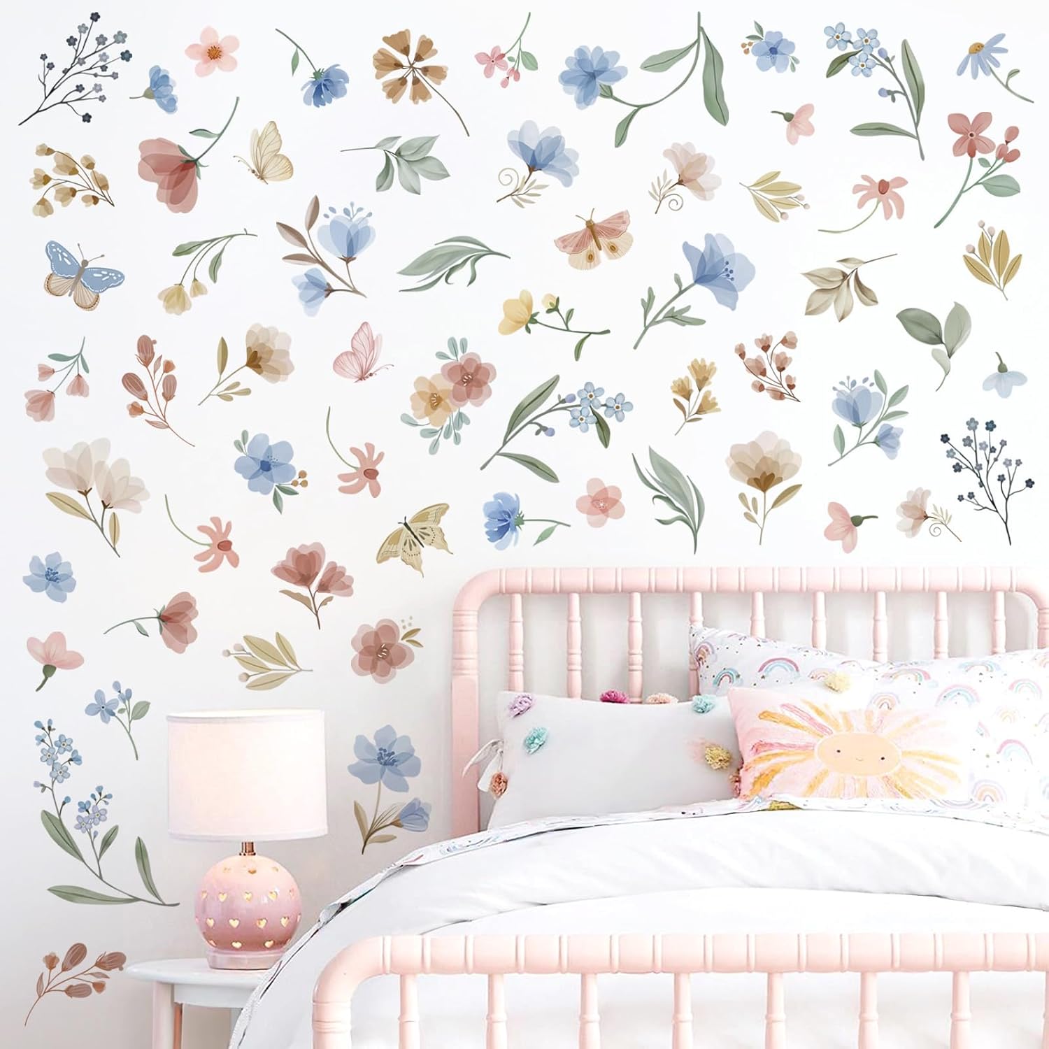 Wondever Boho Blue Floral Wall Decals Peel and Stick for Baby Room
