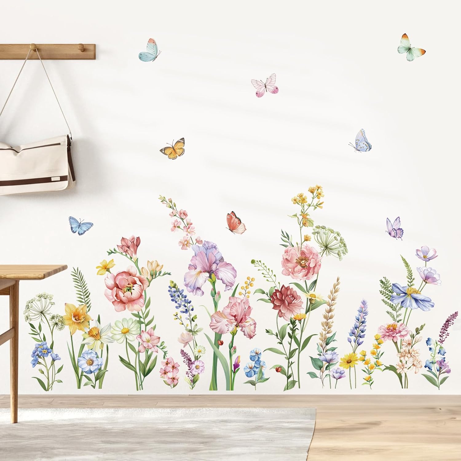 Decalmile Spring Garden Flower Wall Stickers Wildflower Iris Butterflies Wall Decals