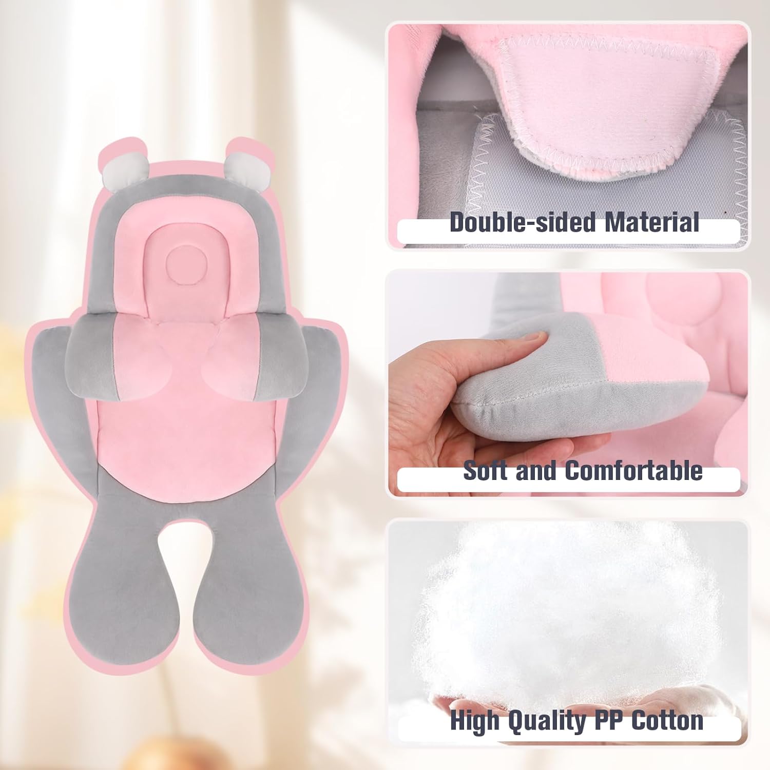 KAKIBLIN Infant Car Seat Insert Soft Head Body Support Cushion 2-in-1 Reversible for Car Seats Strollers Bouncers Pink