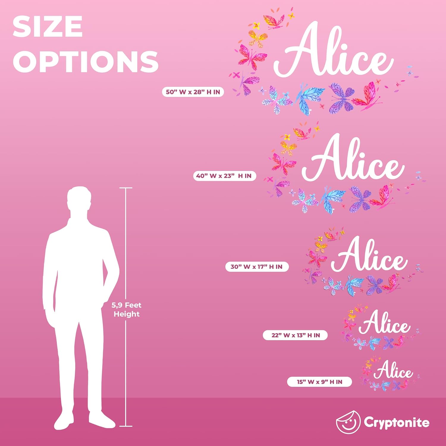 Personalized Name Wall Decals for Girls Bedroom - Butterfly Pink Room Decor with Rainbow Choices - Multiple Sizes