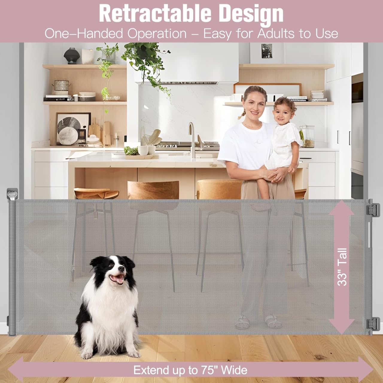 75 Inch Wide Retractable Baby Gate No Drilling Gray