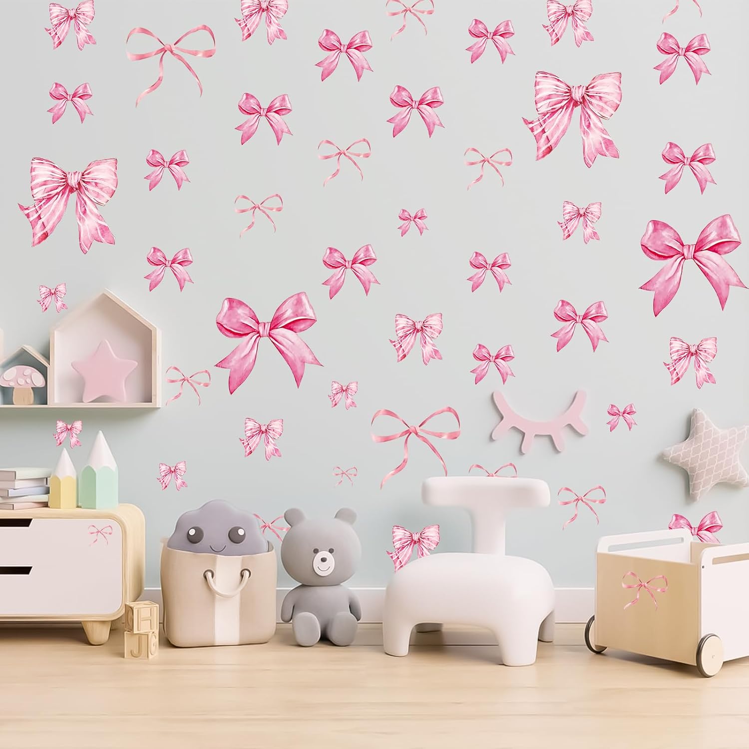 Pink Bow Wall Stickers 8 Sheets 46 Pcs Decor for Nursery and Girls Room
