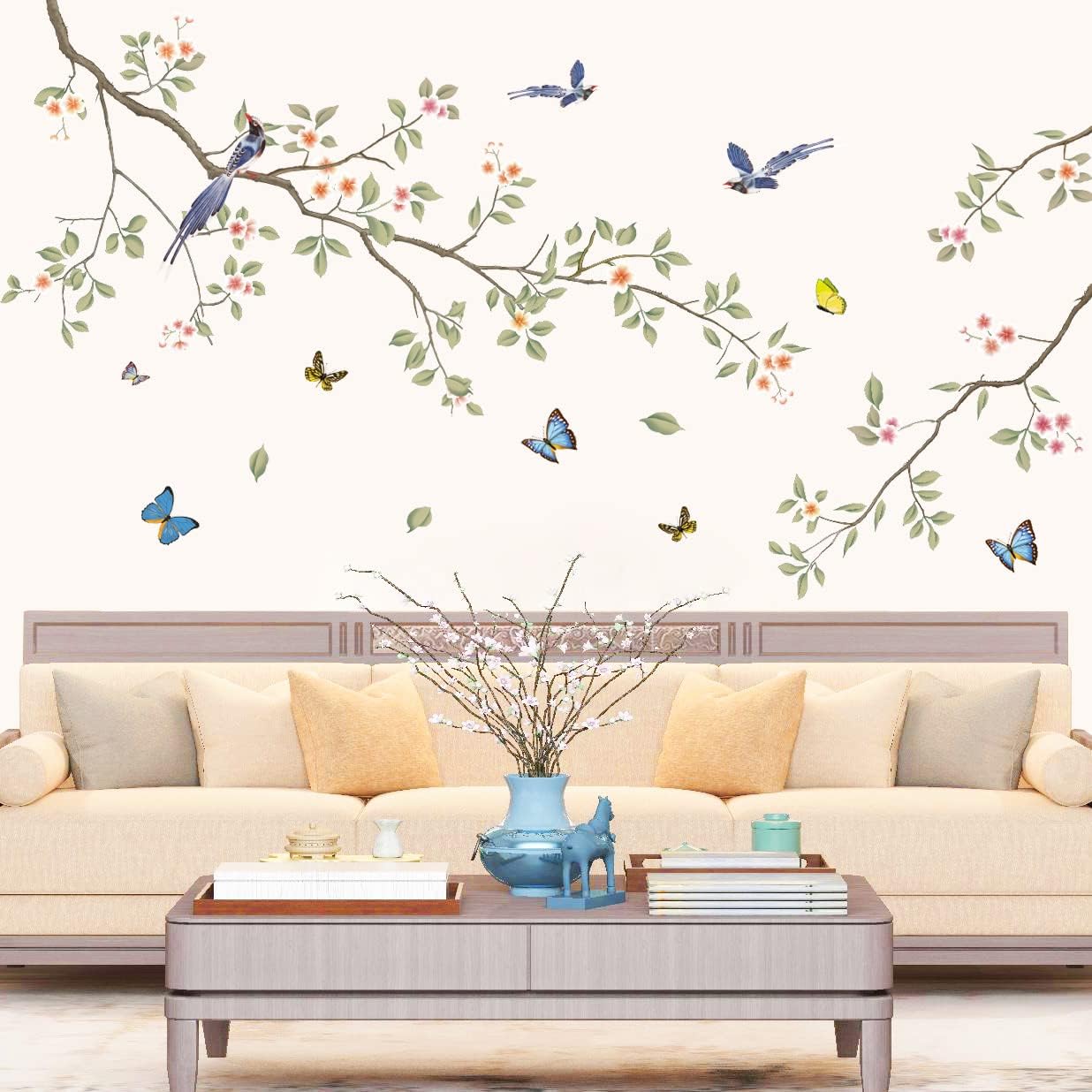 Green Leaf Branch Wall Decals with White Flowers and Butterflies