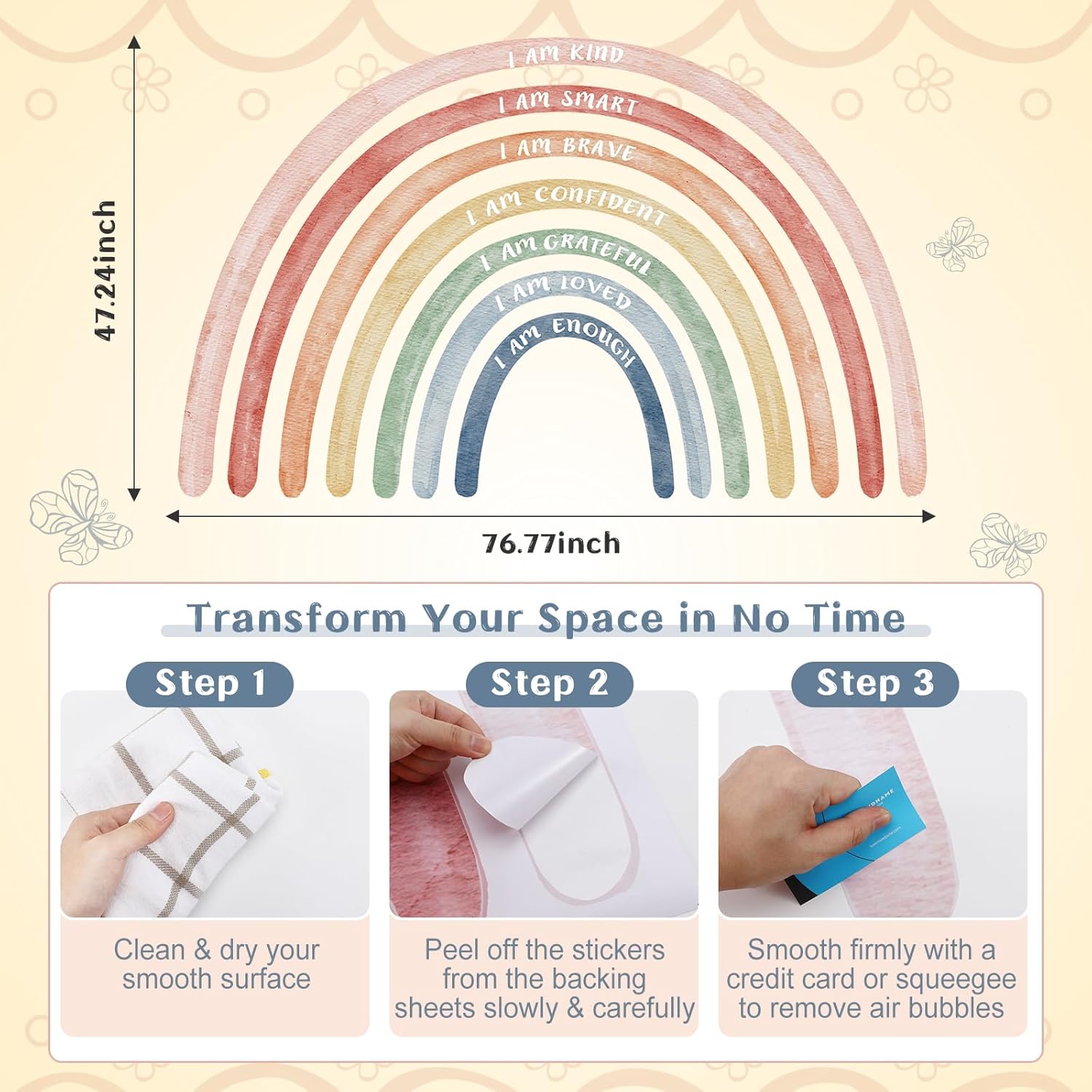 7677x4724 Inch Watercolor Rainbow Wall Decal Classroom Decor with Inspirational Quote Peel and Stick Sticker