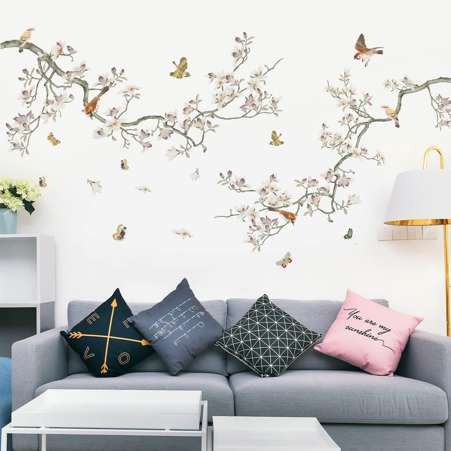 3D Curved Tree Branches with Colorful Flying Birds Wall Decals