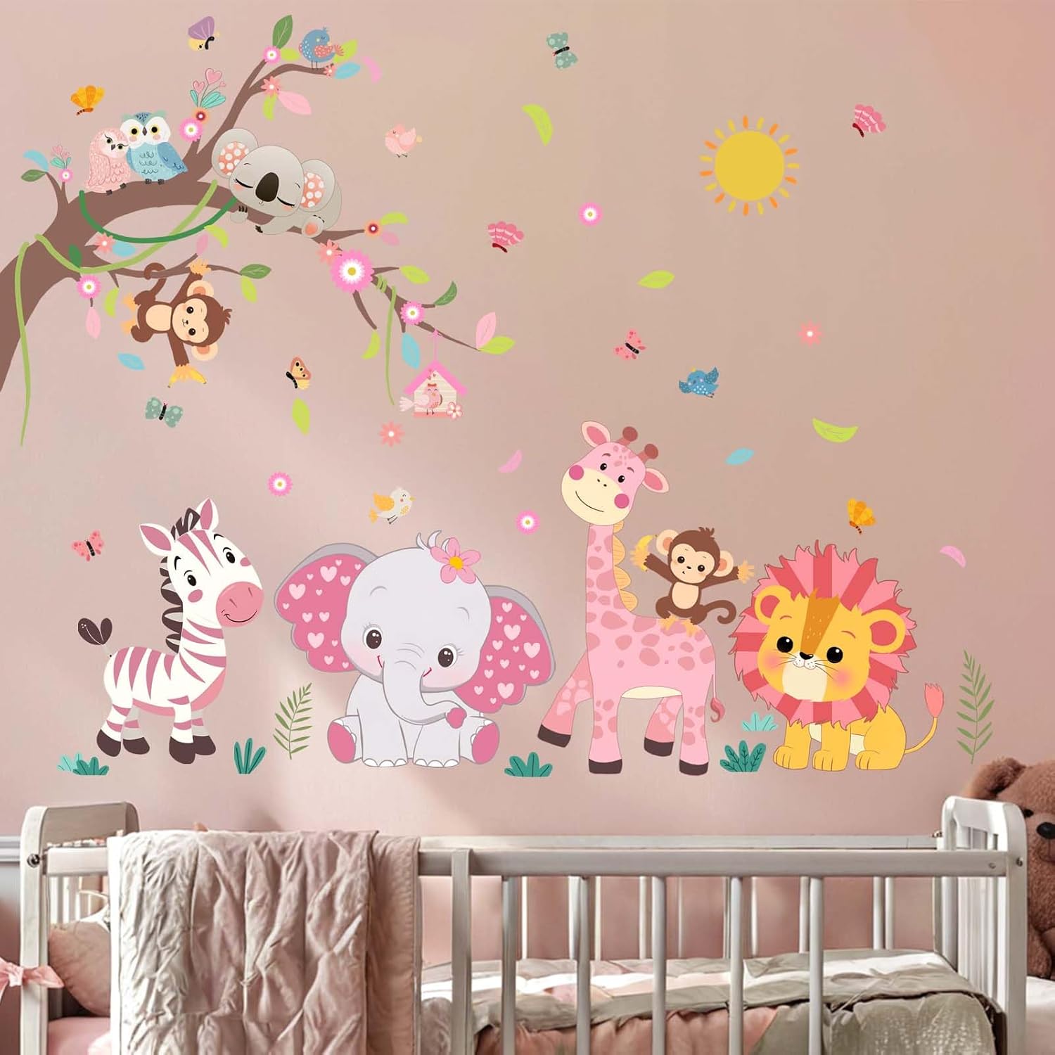 Pink Forest Baby Animals Wall Decals - Elephant Lion Giraffe Monkey Zebra Stickers