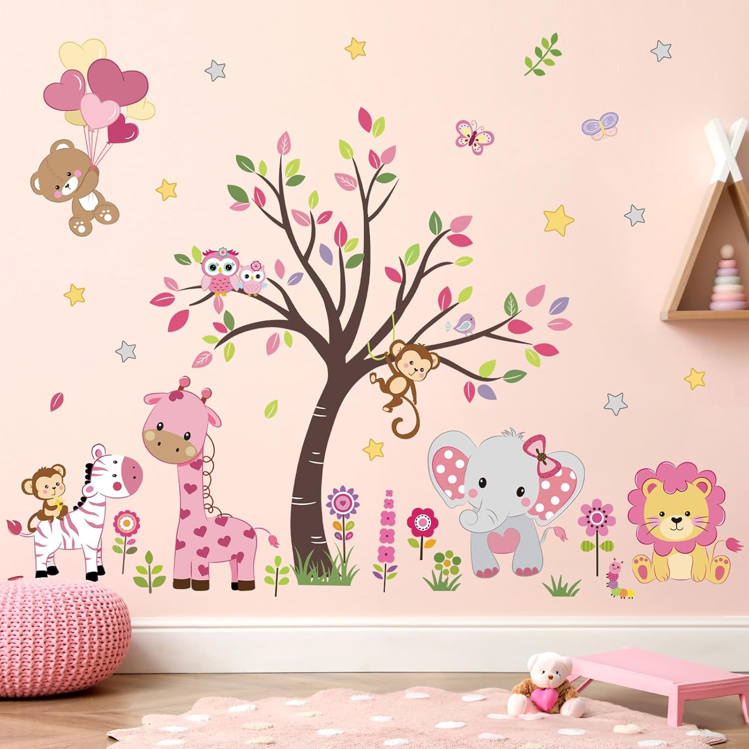 Pink Animal Tree Wall Decals for Girls Bedroom and Nursery