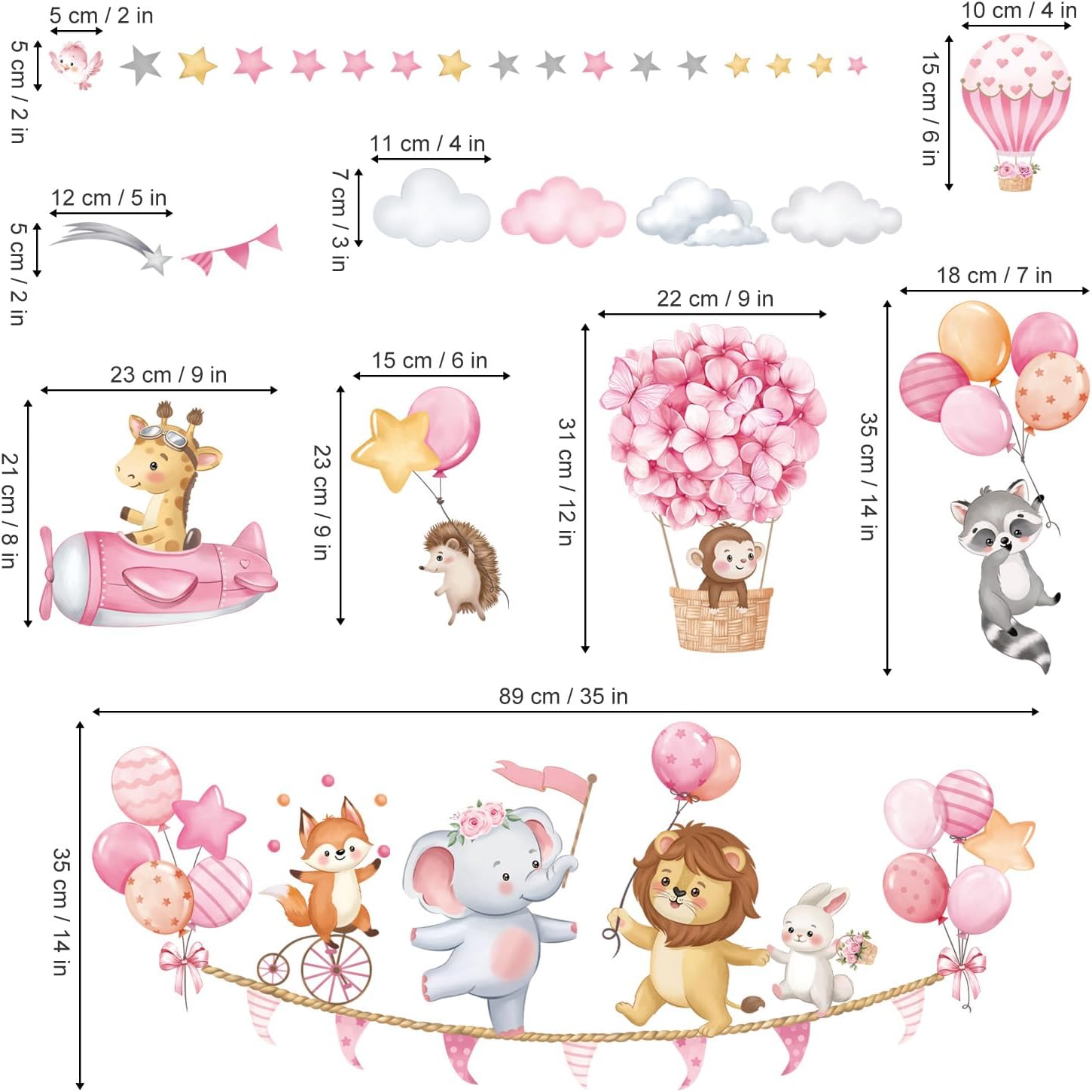 Pink Animal Hot Air Balloon Wall Decals for Girls Room