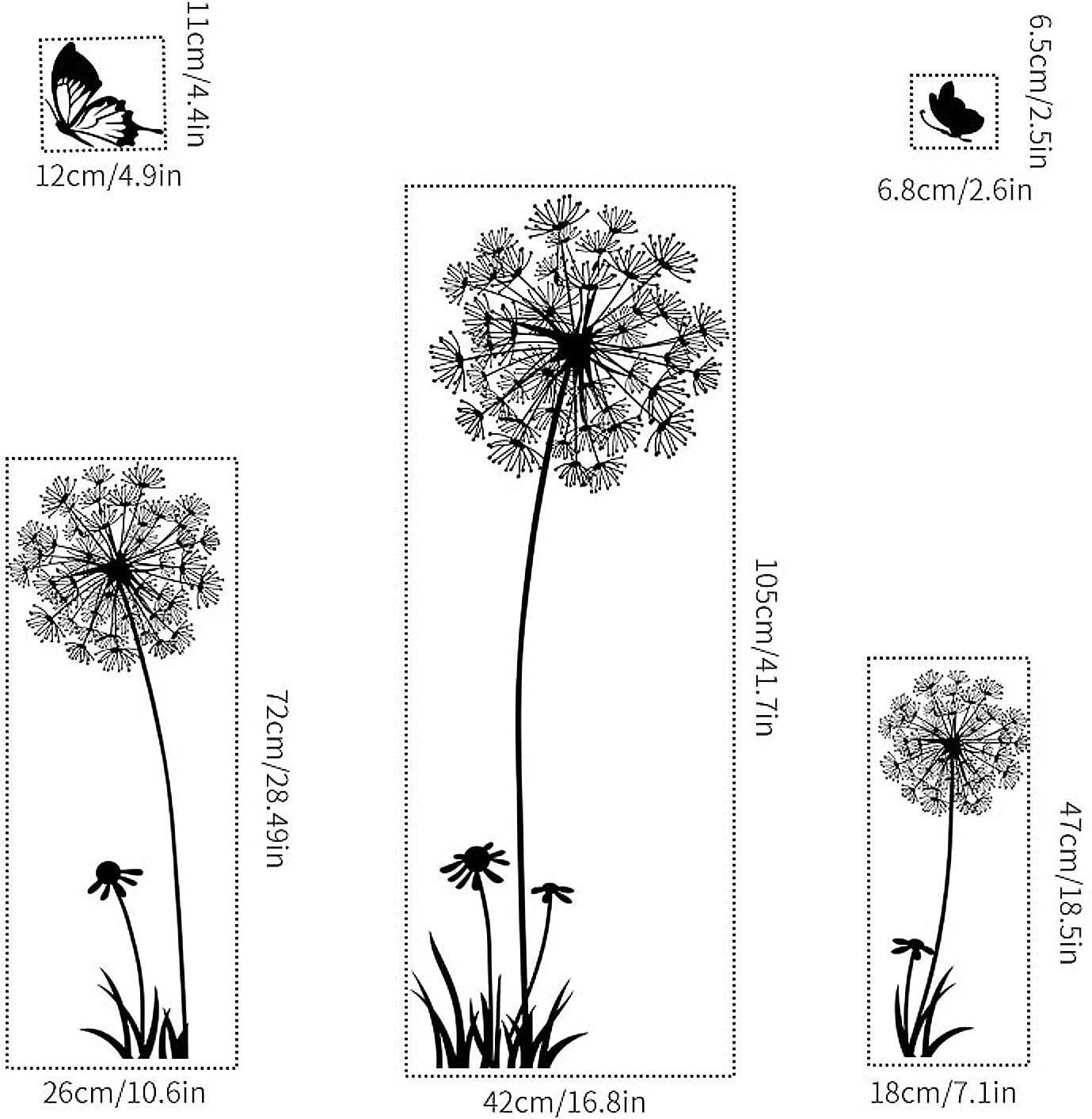Black and White Dandelion Butterfly Wall Stickers