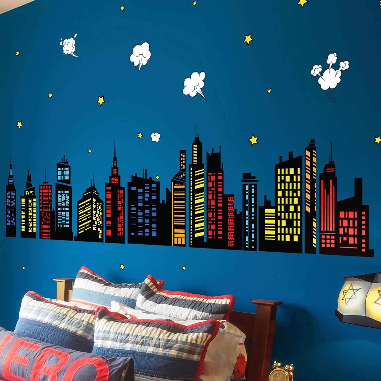 Colorful City Skyline Wall Decals for Bedroom Playroom and Toddler Room
