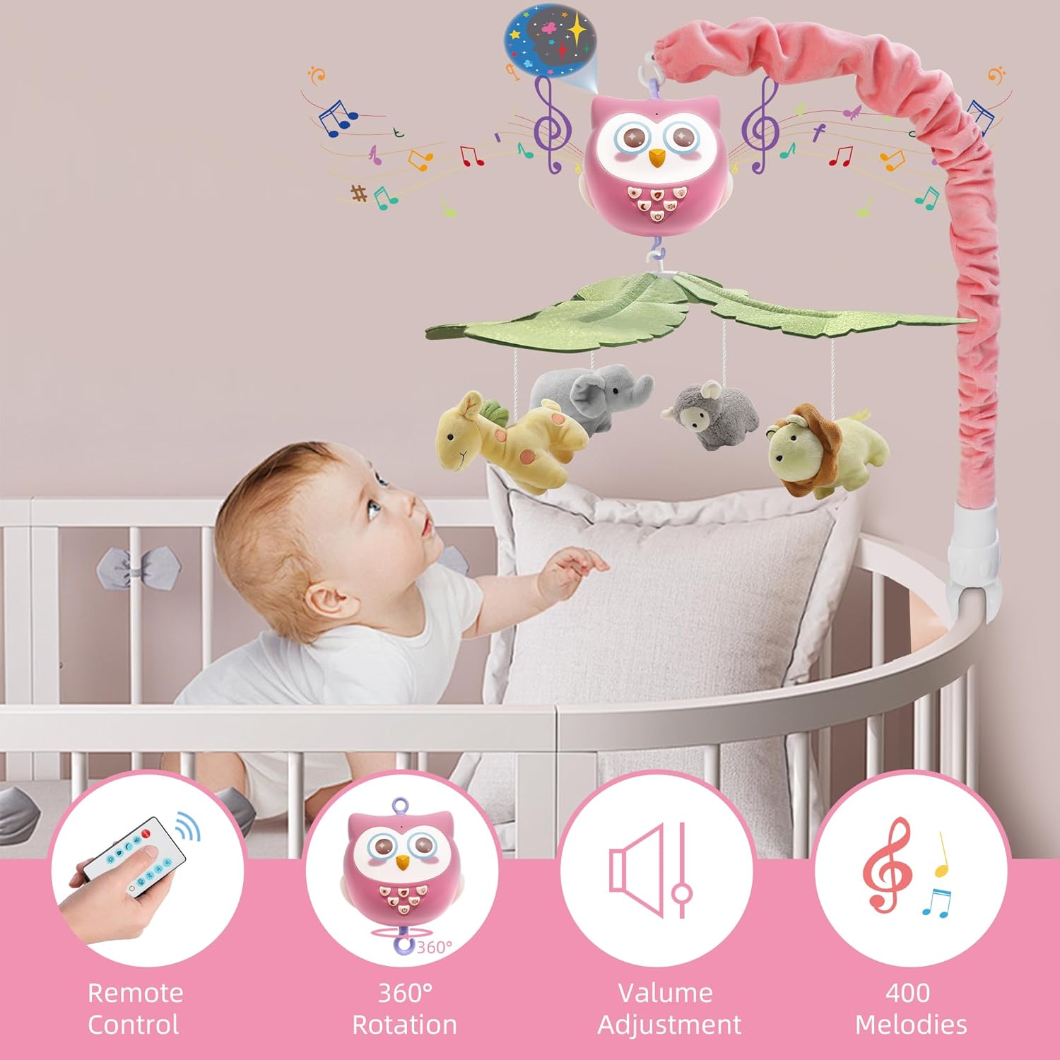 YUNGCHI Baby Crib Mobile with Music and Lights