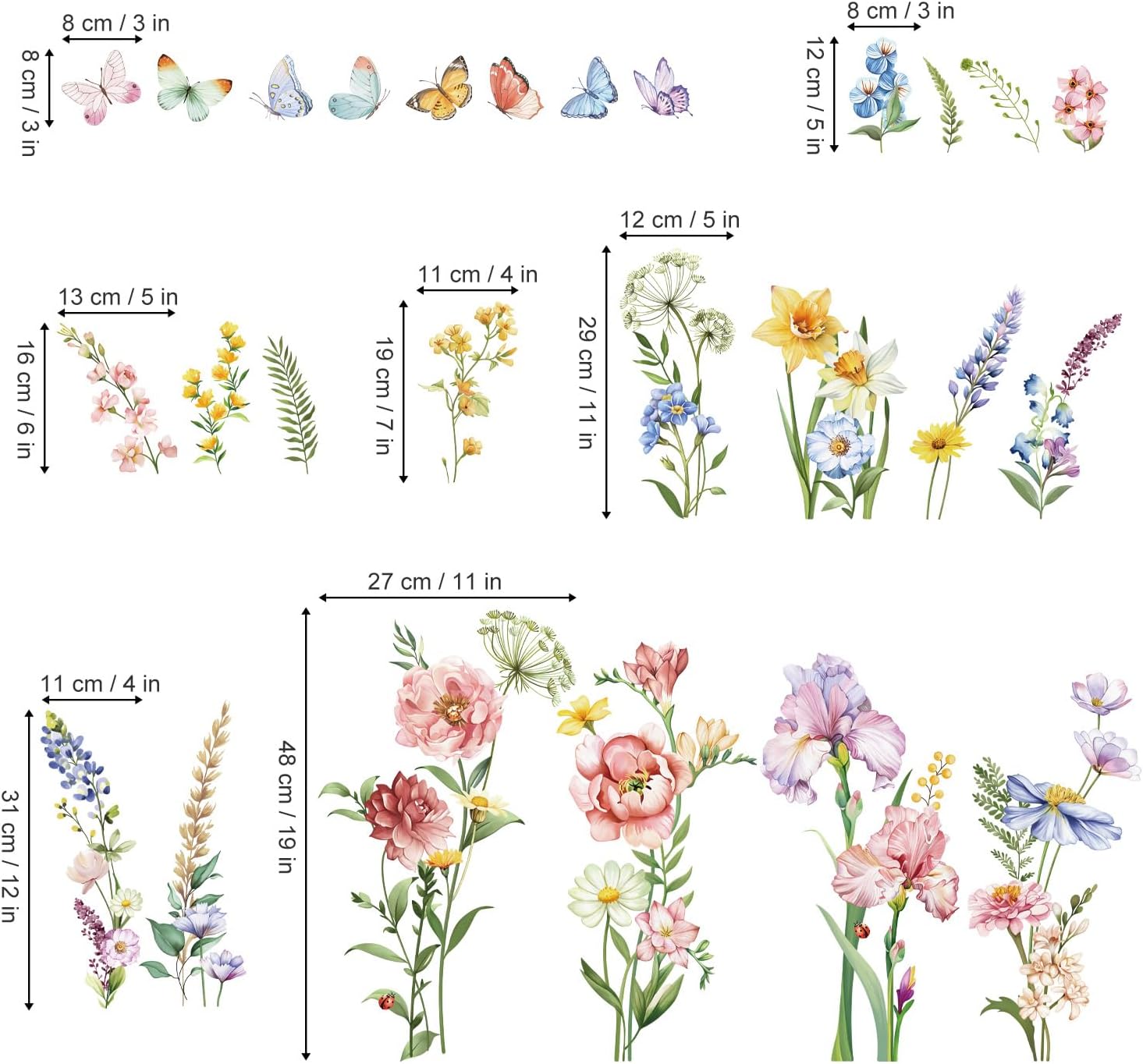 Decalmile Spring Garden Flower Wall Stickers Wildflower Iris Butterflies Wall Decals