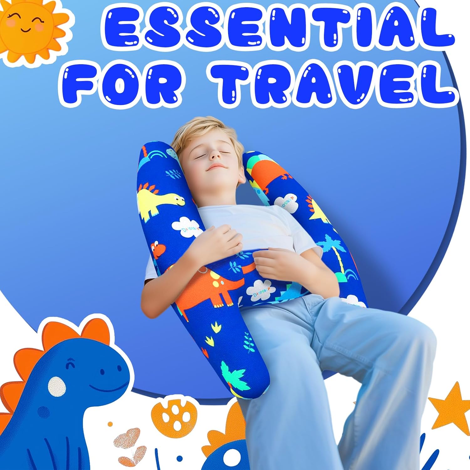 Viscogrip H-Shape Car Pillow for Kids Blue Dinosaur